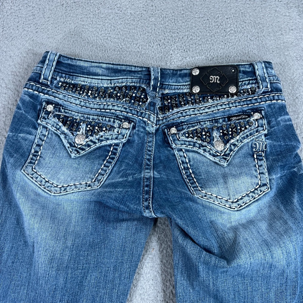 Miss Me Jeans Womens 31 Easy Boot Mid Rise Embellished Rhinestone Blue Denim - Picture 12 of 14